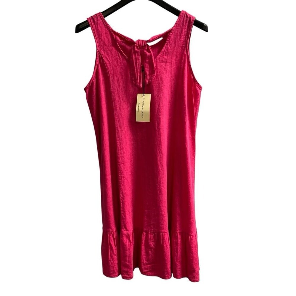 Terzo Millennio Dress Pink Linen Tiered Mini Size L Coastal Beach Resort Cruise